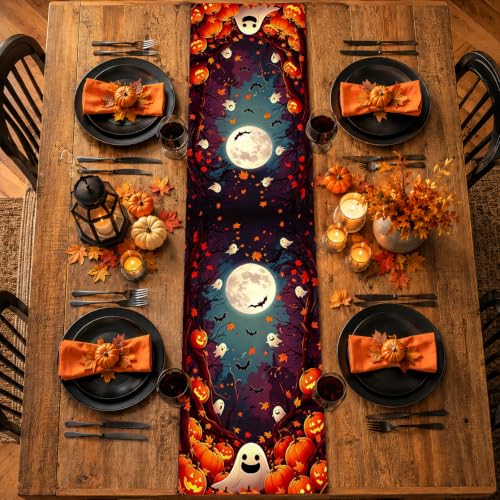 Halloween Table Runner 13x72 Inches with Pumpkins and Ghosts - Fall Autumn Decor