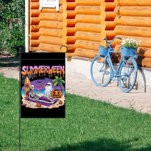 Summerween Garden Flag Spooky Skeleton Ghost Halloween Yard Decor 13x19in