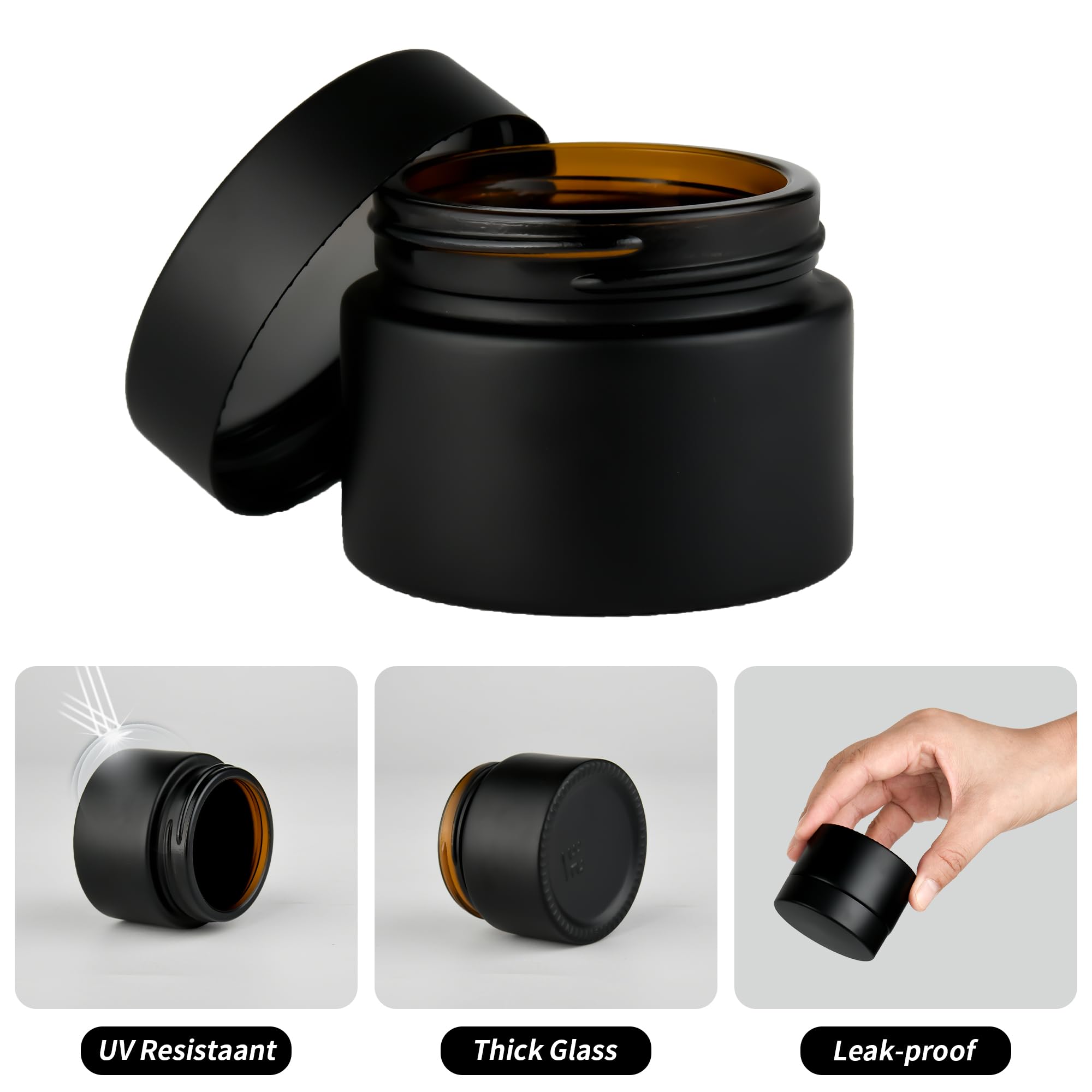 YONKAN 2 oz Reusable Black Glass Container Jars 24 Pack with Wide-mouth Leak Proof Cap and Inner Pull-On Lid for Travel Storage Makeup, Face Creams, Body Lotions, DIY Crafts or Others