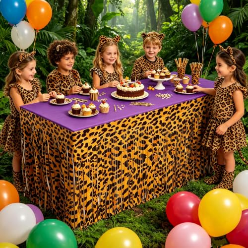 Foil Fringe Table Skirt Set - Leopard Print Party Decorations 4 Pack