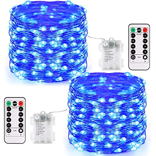2 Pack Blue Battery Operated Fairy Lights with Remote, 200 LEDs, 66ft