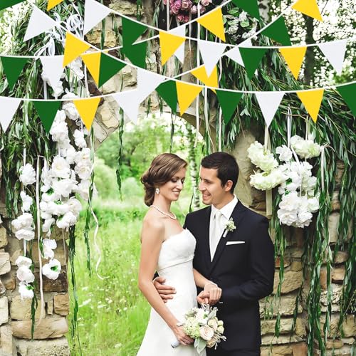 21Ft Metallic Fabric Triangle Banner Flags for Parties - Yellow, Green, White Variations