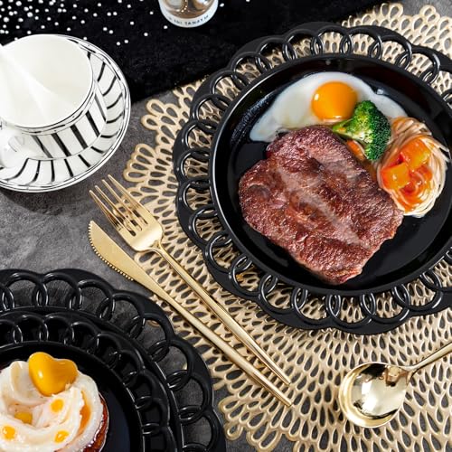 Black Plastic Plates Set 60pcs Baroque Lace Rim Disposable Dinner & Dessert Plates