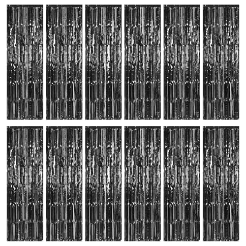 Black Foil Fringe Backdrop Curtains 12 Pack 3.28 x 9.84 ft for Party Decorations