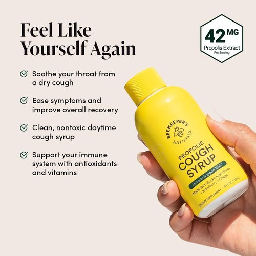 Beekeeper's Naturals Propolis Honey Cough Syrup - Daytime Immune Support & Throat Soothing, 4 oz