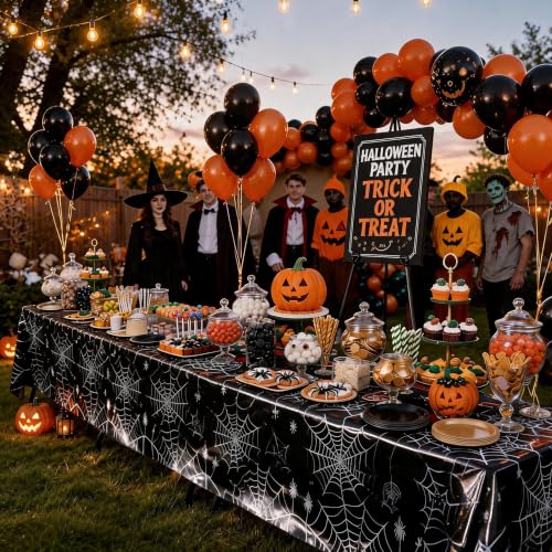 Halloween Spider Web Tablecloth - Black Plastic Disposable Cover - 8 Pack Variation 1