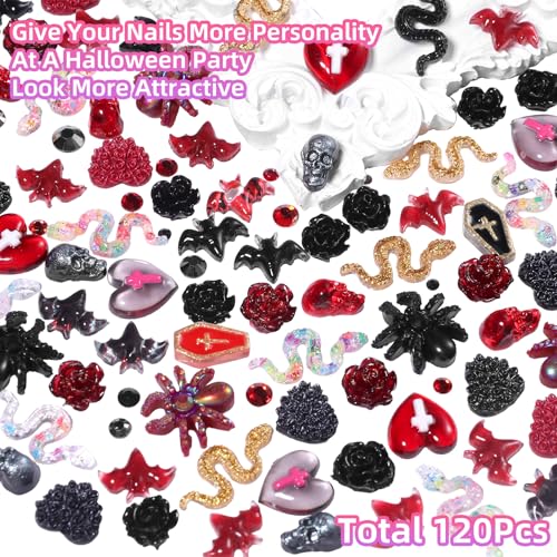 120 Pcs Halloween Nail Charms Set - 3D Resin Ghost Bat Spiders Coffins Decorations