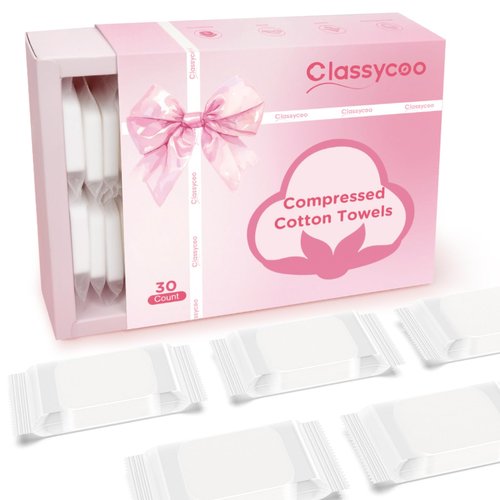 Classycoo XL Ticken Compressed Towel Tablets- 100% Cotton Disposable Face Towel, 30 PCS Individually Wrapped Portable, Travel Mini Soft Washcloth, Camping, Facial Makeup, Gift, Pink 12x10 Inches