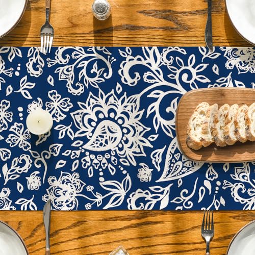 Blue Floral Paisley Table Runner - 13 x 90 Inch Spring Kitchen Decor