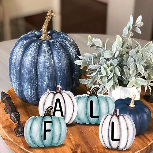 Fall Pumpkin Wooden Sign Set - Blue & White Harvest Decor for Thanksgiving & Autumn Home
