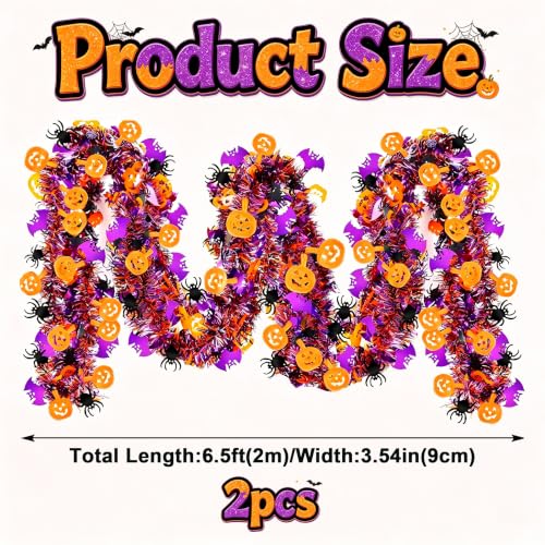 Halloween Tinsel Garland 6.5Ft 2-Pack Orange Purple Pumpkin Spider Bat Decor