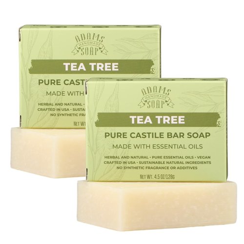 Adams Handmade Soap Tea Tree Pure Castile Bar Soap – 4.5 oz | Vegan, Cold Process, Essential Oils, 84% Organic, Fair Trade, No Additives, USA Made