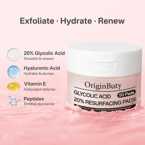 Glycolic Acid 20% Resurfacing Pads - Exfoliating Peel Pads for Radiant Skin | 50 Count with Salicylic Acid & Vitamins E, B3, B5