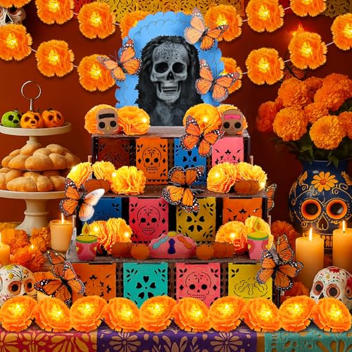 Dia de Los Muertos Ofrenda Wooden Box Set - 102 Pcs with Marigold Garland & Butterflies - Fresh Variation