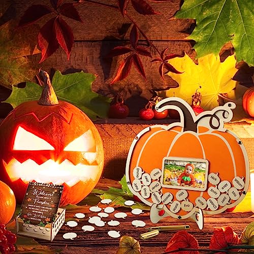 Pumpkin Baby Shower Guest Book Set with Photo Frame and Wooden Slices