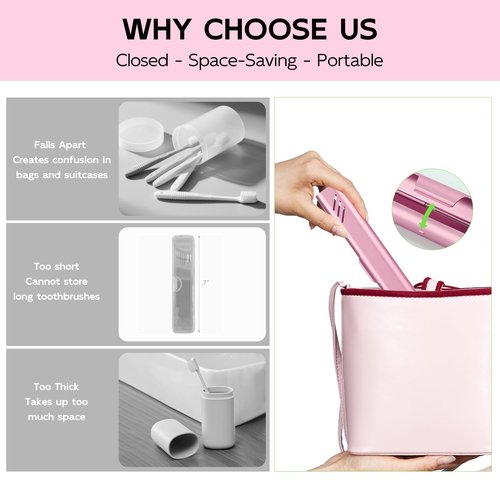 Travel Toothbrush Case, Portable Toothbrush Holder, Durable Aluminum Toothbrush Storage Box, Small Breathable Manual Toothbrush Container for Traveling, School, Camping, Business Trip - Pink