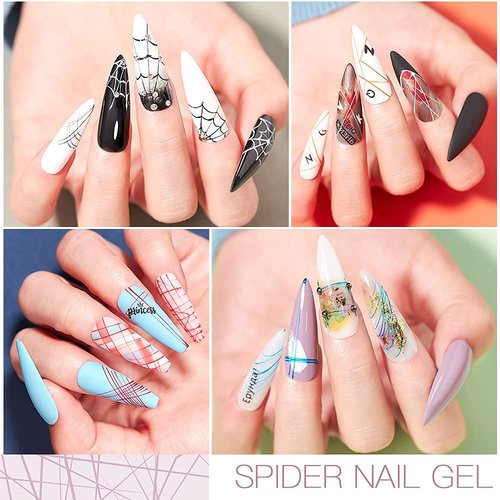 MEET ACROSS 12 Colors Spider Gel for Nail Art With Liner Brush, Soak off UV LED Elastic Drawing Gel, Nail Art Design Paint