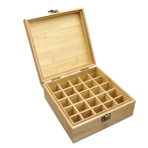 Pure Vie Bamboo Essential Oil Storage Box Travel Organizer Case with Bottle Cap Label - Aromatherapy Nail Polish Fragrance Container, Holds 25 Bottle for 5-15ml - Keep Scented Oil Safe & Space Saver