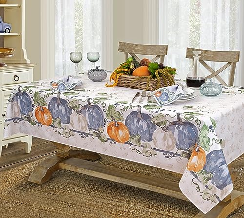 60 x 84 Inch Blue Pumpkin Vines Fabric Tablecloth for Fall & Thanksgiving