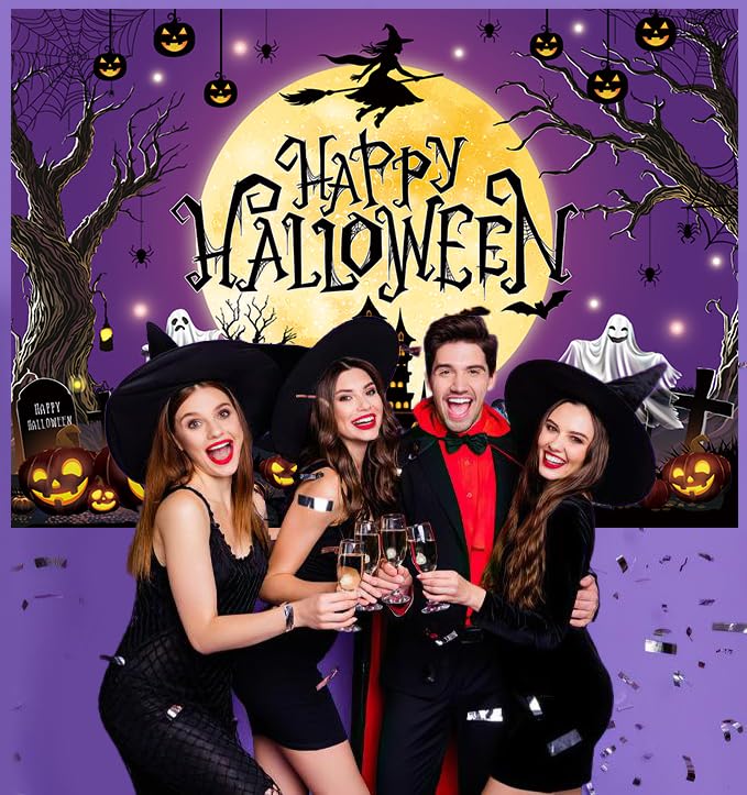 Halloween Backdrop Purple Moon Night Witch Castle Pumpkin Graveyard 8x6FT - Kids & Adults Party Decoration