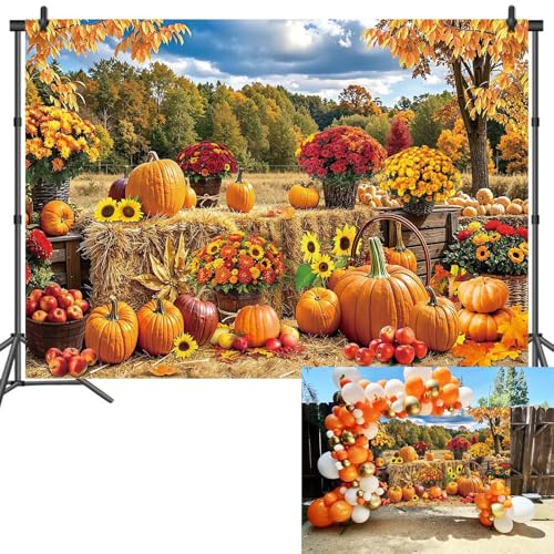 10x8FT Fall Pumpkin Backdrop Autumn Harvest Hay Bale Maple Leaves Photography Background