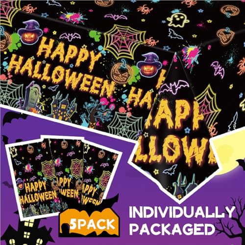 Halloween Disposable Plastic Tablecloths Set - Black Neon Pumpkins Bats Ghosts 5 Pack