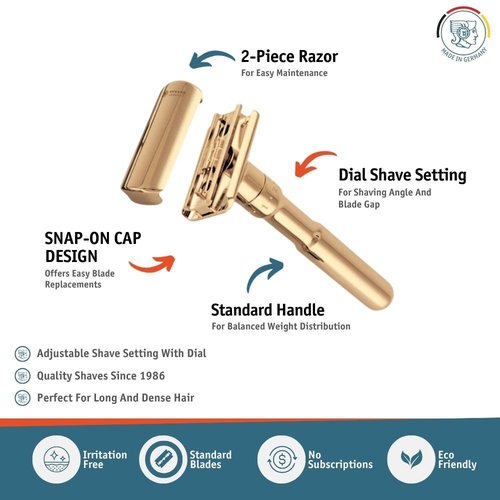 Merkur Futur 702 Adjustable Safety Razor - Bright Gold, Eco-Friendly Design, Made in Germany