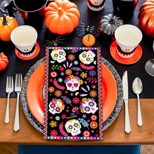 Halloween Floral Skull Guest Napkins - Mexican Design Party Tableware 100 Pack