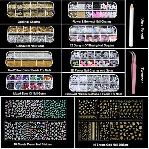 Nail Art Charms and Rhinestones Kit with Stickers, Gems, Pearls & Tools