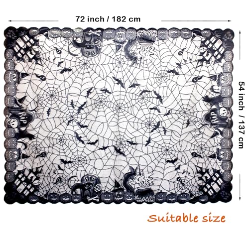 Black Lace Halloween Tablecloth with Spiderweb Bats Pumpkins 54x72 Inches