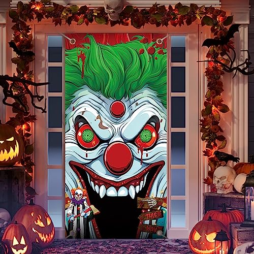 Scary Clown Halloween Door Decoration - Horror Joker Entrance Banner, 70.9 x 35.4 Inches