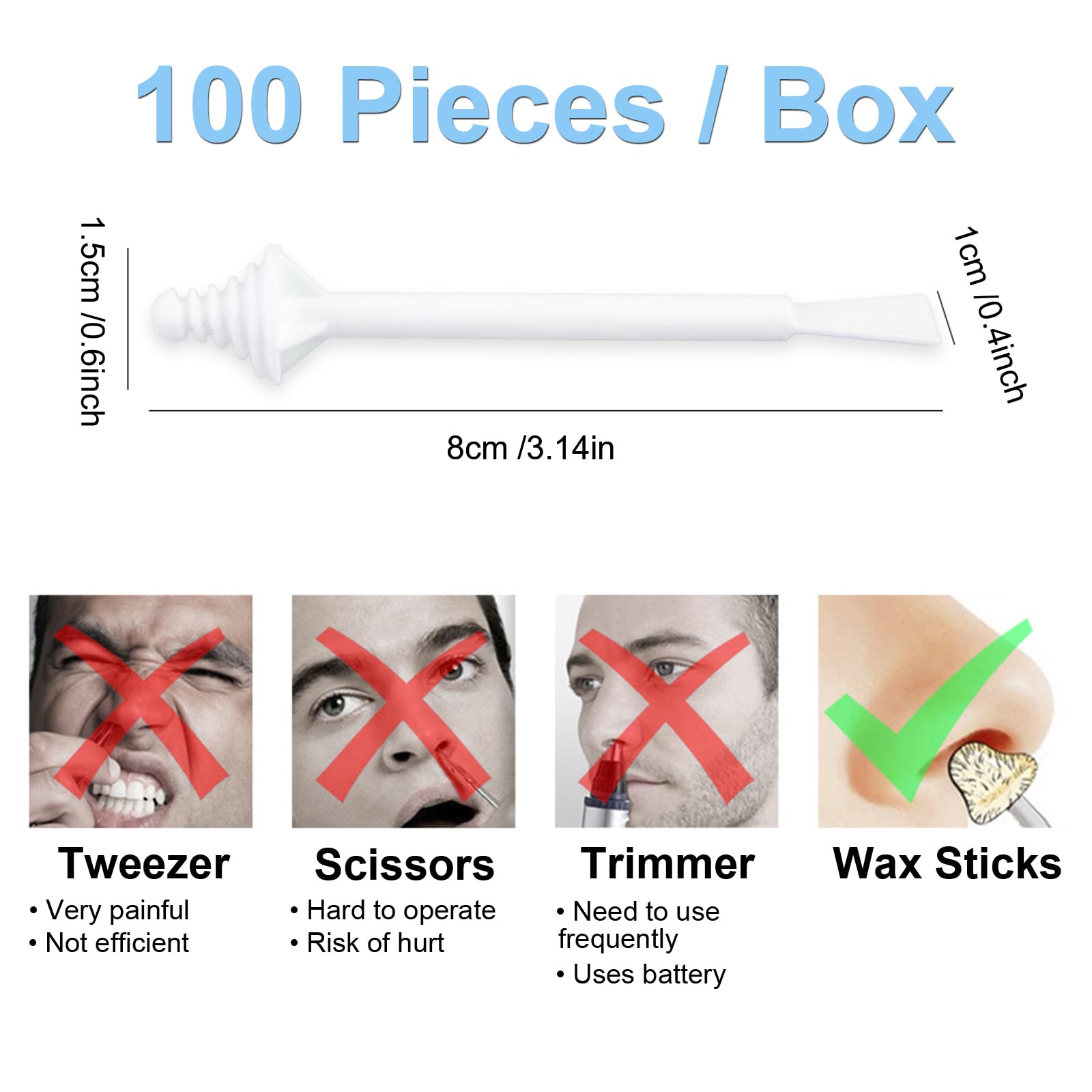 100Pcs Nose Wax Sticks Applicator with Disposable Spatulas for Nostril Cleaning Ear Face Eyebrow Mustache Hair Removal for Men Women, Painless, with Delicate Packing Box for Gift, BlueZOO