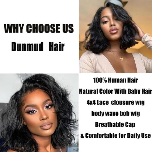 Dunmud Bob Wig Human Hair 4x4 Glueless Lace Front Wigs Human Hair Pre Plucked Short Bob Body Wave Lace Closure Wigs 10 In