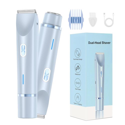 Valentines Day Gifts for Her, Bikini Trimmer for Women,2 in 1 Dual Head Bikini Shaver & Body Shaver, Cordless & Waterproof Electric Bikini Trimmer for Women,Blue