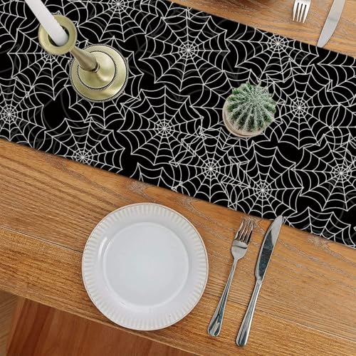 Halloween Spider Web Table Runner 13 x 120 Inch Black Linen Seasonal Home Decor