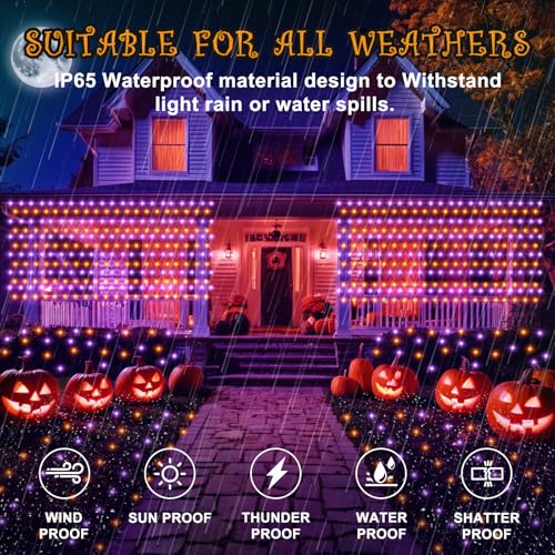Halloween Net Lights Outdoor 360 LED String Lights - Orange & Purple - 12x5 FT with 8 Modes & Connectable, IP65 Waterproof, Festive Decoration