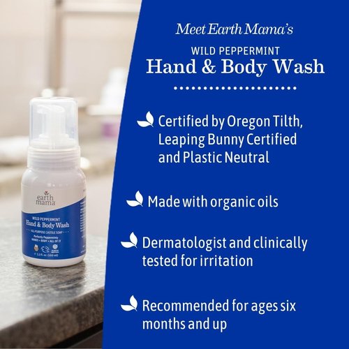 Earth Mama Wild Peppermint Hand & Body Wash | Foaming Castile Soap Liquid and Hand Soap, Made with Organic Wild Mint & Peppermint Oil, 34 fl oz