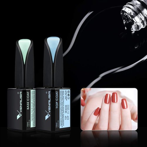 VENALISA 2 Pcs 15ml Gel Nail Ploish Base and Top Coat Set, No Wipe High Gloss Long Lasting Tempered Top Coat Polish Soak Off LED Gel Kit