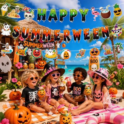 Summerween Banner - Spooky Summer Halloween Garland for Pool & Beach Parties - 3 Pack