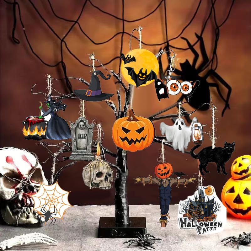 24 Pcs Halloween Tree Ornaments Double-Sided Wooden Decorations with Rope for Indoor Party and Holiday Decor
