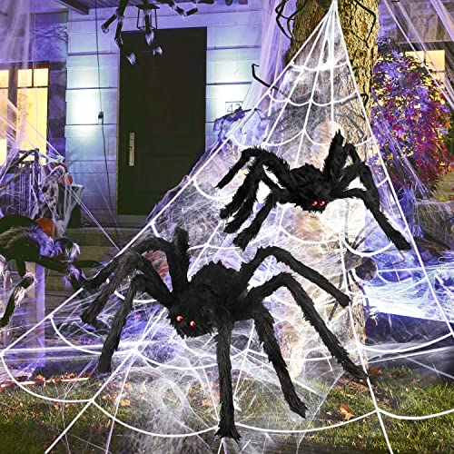 Halloween Spider Web & Giant Spider Set - 16 Ft Cobweb with 35 & 24 Inch Spiders - Black 905