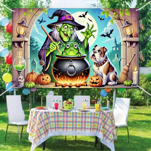 Halloween Haunted House Banner - Dog & Frog Scene, 71x43 in - Halloween Decor with Variation Halloween Decor#004