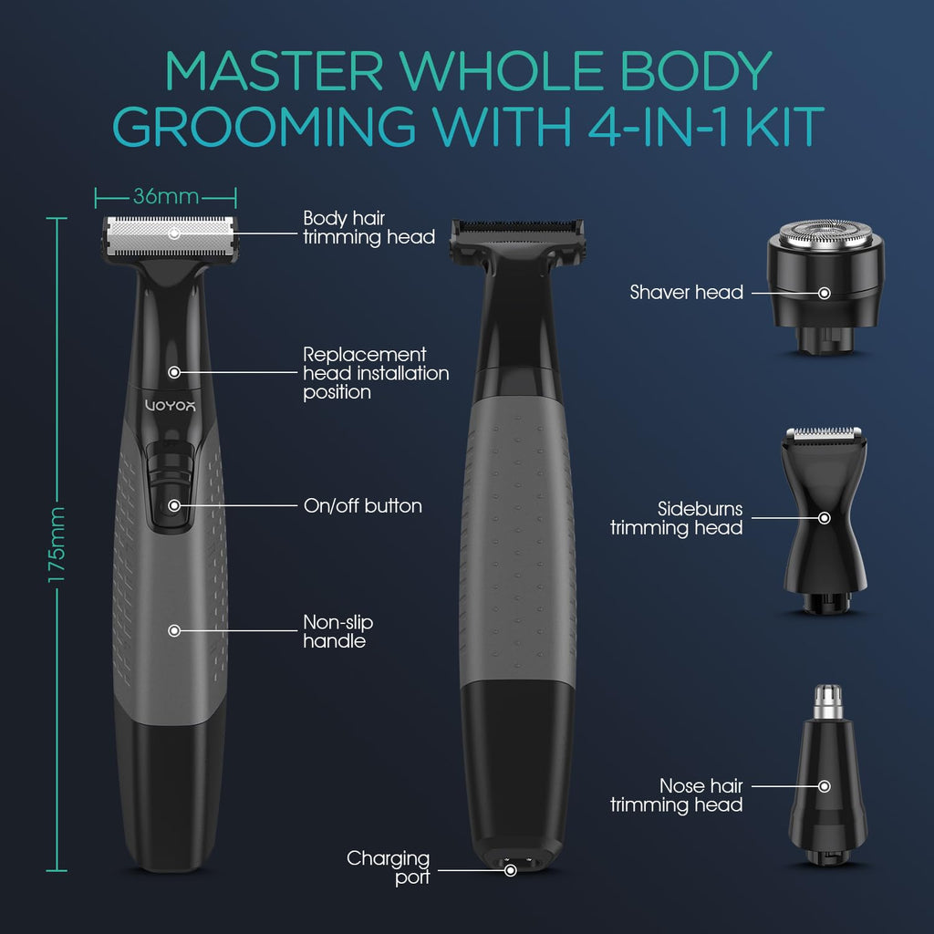 VOYOR Beard Trimmer for Men - All-in-One Rechargeable Grooming Kit | Adjustable Length Combs, Grey