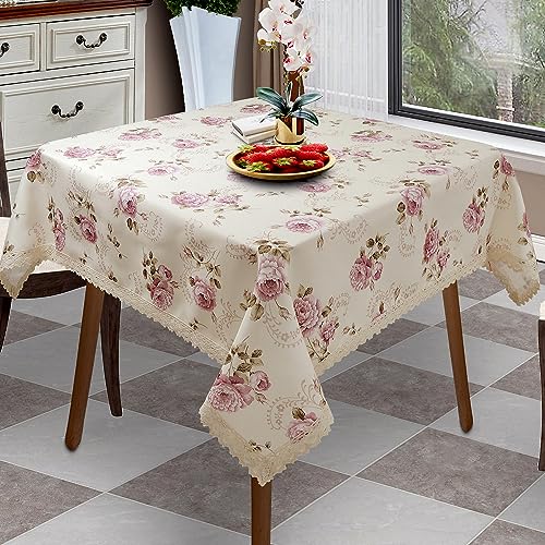 Beige Floral Print Square Tablecloth 38x38 Inch Waterproof Stain-Resistant