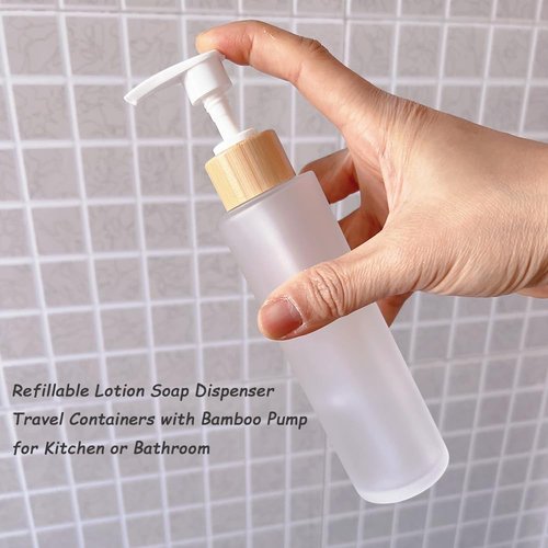 2PCS 150ML/5oz Empty Refillable Frosted Glass Pump Bottles Container Holder Vials Pot Storage with Bamboo Screw Pump Head for Bath Shower Shampoo Hair-Conditioner Cleanser Makeup Liquids