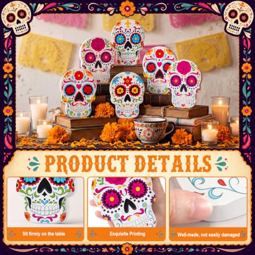 6 Pcs Day of The Dead Sugar Skull Table Decorations - Wooden, Modern, Vibrant