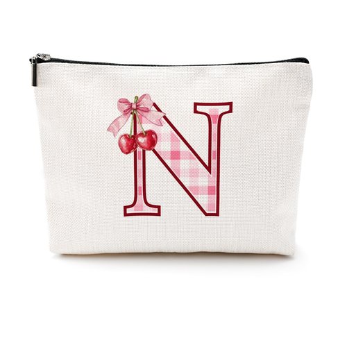CQM Initial Makeup Bag Monogram Cosmetic Bag Monogrammed Gifts for Women Girls Friends Coworker Sisters Personalized Travel Toiletry Bag Christmas Bridal Shower Wedding Bridesmaid Gifts, Cherry N