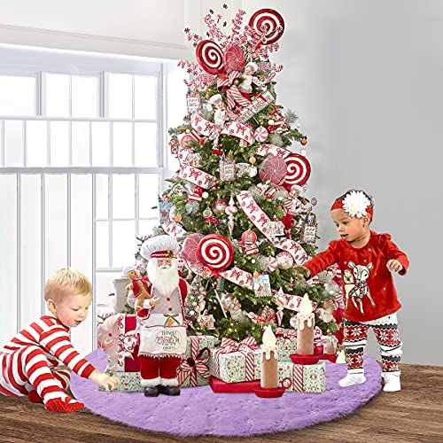 Purple 36 Inch Faux Fur Christmas Tree Skirt with Silver Sequin Snowflake - Holiday Decor