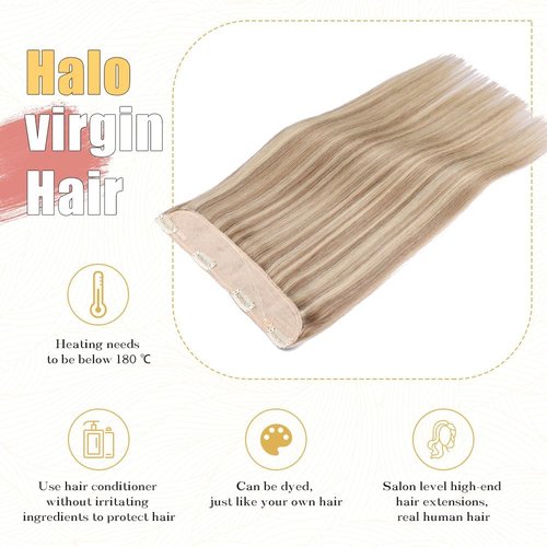 Halo Hair Extensions Real Human Hair -Light Blonde Golden Blond Real Human Hair, Halo Extensions Human Hair 12inch 70g