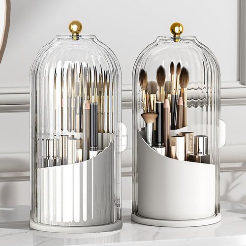 Ezebesta 1PCS Makeup Brush Holder Organizer with Clear Lid 360 Rotating Sliding Opening Dustproof Brushes Container for Vanity